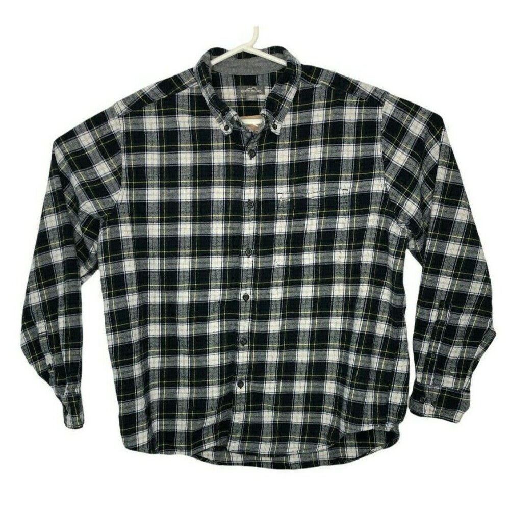Eddie Bauer Button Down Flannel Shirt Mens XXL Plaid Navy Blue Yellow Cotton